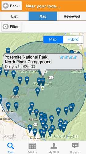 Camp Finder App - Campground map search results