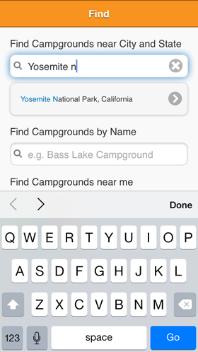 Camp Finder App - Campground city search with autocomplete