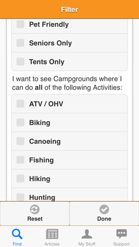 Camp Finder App - Filter view - Activities