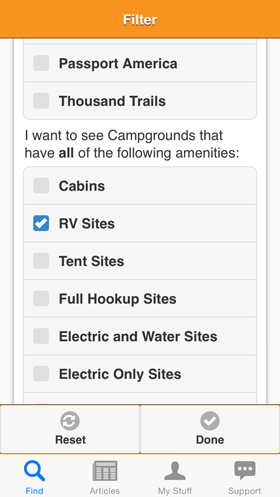 Camp Finder App - Filter view - Amenities