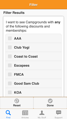 Camp Finder App - Filter view - Discount Clubs