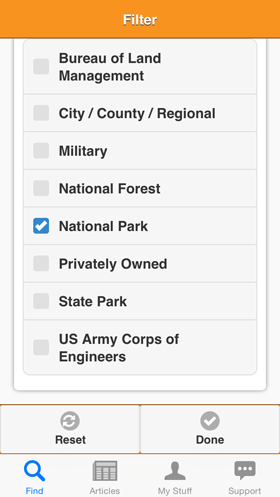 Camp Finder App - Filter view - More Park Types