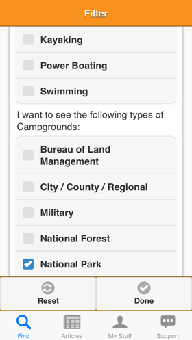 Camp Finder App - Filter view - Park Types