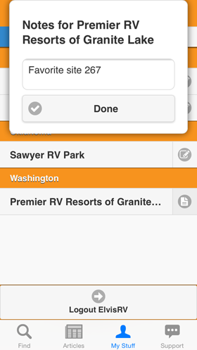 Camp Finder App - Personal notes on Favorite Campground