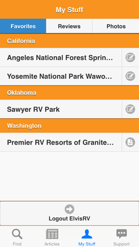 Camp Finder App - List of favorite Campgrounds, RV Parks and RV Resorts