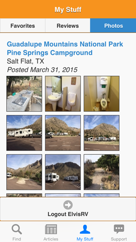 Camp Finder App - Personal photos taken of campgrounds, RV parks and RV resorts