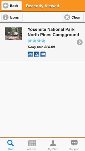 Camp Finder App - List of recently viewed campgrounds, RV parks and RV resorts