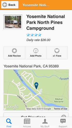 Camp Finder App - Yosemite National Park North Pines Campground details including Daily Rates, Review Rating, Add Review, Add Photo, Add Favorites, Address and the Local Map