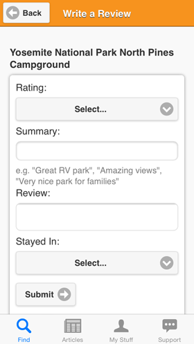 Camp Finder App - Write a review view